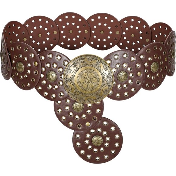 Women's Boho Disc Belt Wide Western Leather Belt Vintage Concho Waist Belts for